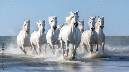 White horses running through the water. Camargue, France. White Camargue Horses galloping along the beach