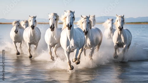 White horses running through the water. Camargue, France. White Camargue Horses galloping along the beach