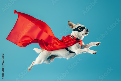 super dog with red cape flying on blue background, AI generated © Frédéric Prochasson