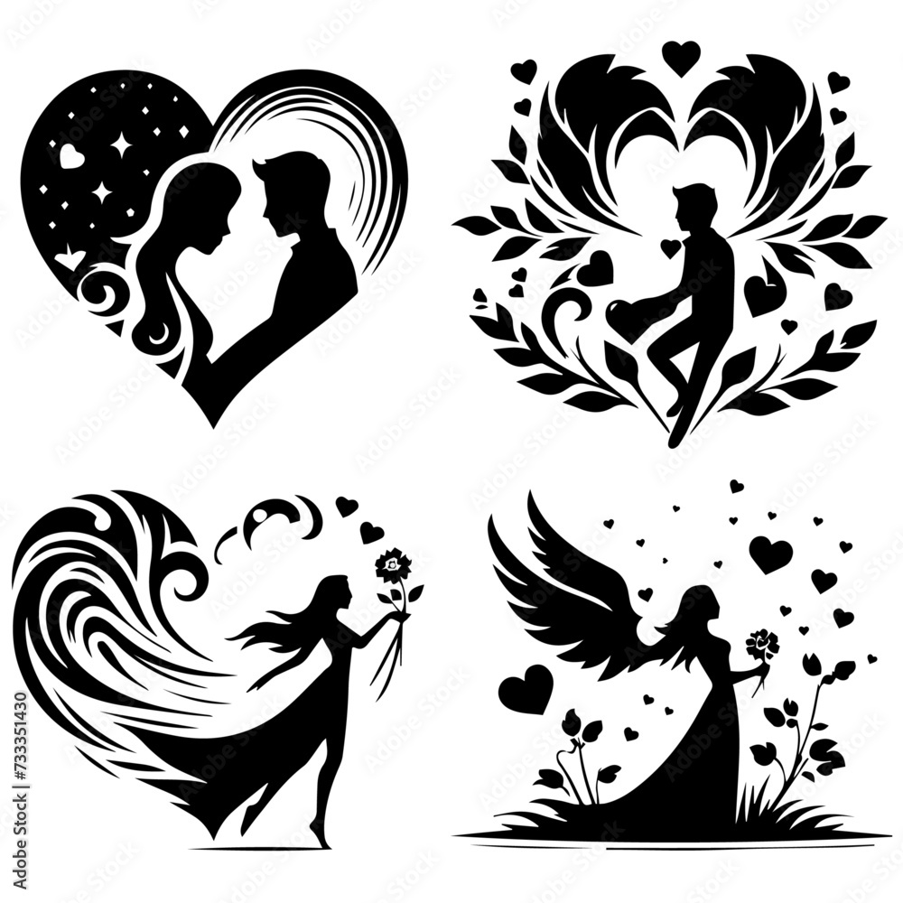 Valentine beautiful set incredibly detailed silhouette in black on white background 
