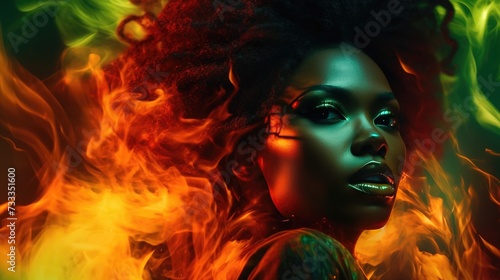 Mystic Fire Surrounding Green-Eyed Beauty. Green-eyed woman enveloped in mystical green and red smoke.