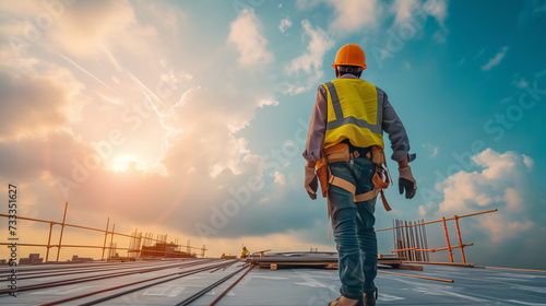 Construction engineer or worker on a construction site. AI generated