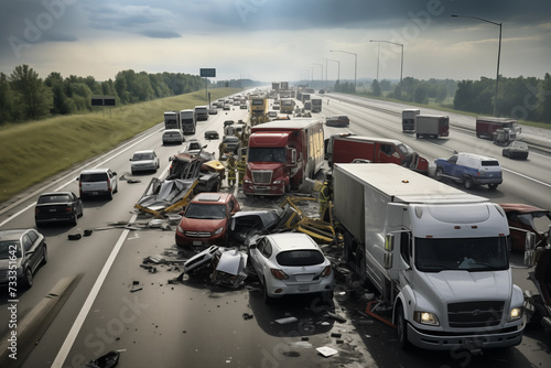 Multi-vehicle collision on a highway, with emergency vehicles arriving at the scene. Generative AI photo