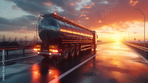 Oil tanker (tank truck) on a road at dusk. AI generated