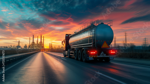Oil tanker (tank truck) on a road at dusk. AI generated