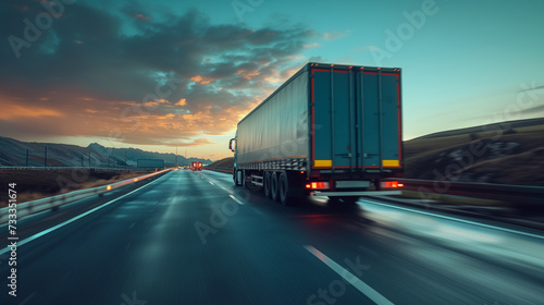 Lorry driving on the road at dusk. AI generated © MoiraM