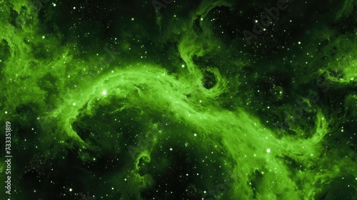 Vibrant Green Nebula Galaxy. A dynamic and vibrant green nebula forms a galaxy in the dark cosmos.