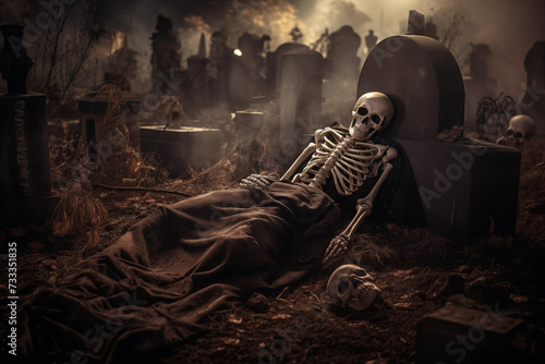 Halloween night. Skeleton lying in a graveyard, with weathered tombstones and eerie atmosphere. Generative AI