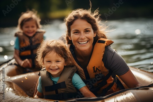 Mother and children having fun on rafting photo