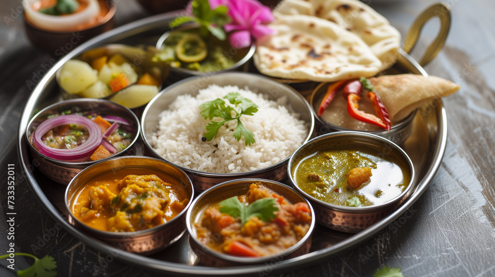 Fototapeta premium Details wiht the Indian thali dish. AI generated