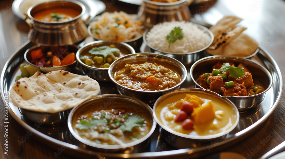 Fototapeta premium Details wiht the Indian thali dish. AI generated