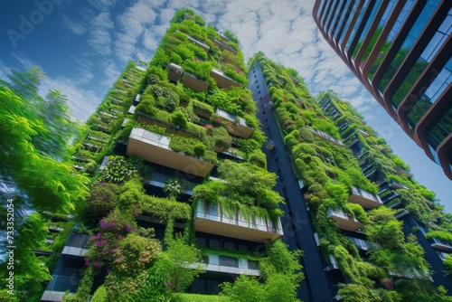 Futuristic Vertical Gardens on City Skyscrapers. Modern skyscrapers with integrated vertical gardens against a cityscape.