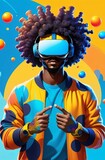 A black man with voluminous, curly hair wearing virtual reality headset and headphones, against a background of abstract patterns in various colors. Illustration by Generation AI.