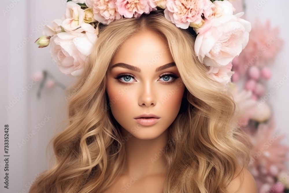 Woman with Pastel Floral Crown. Graceful Young Lady with a Pastel Floral Crown, Evoking Romantic Springtime Elegance.