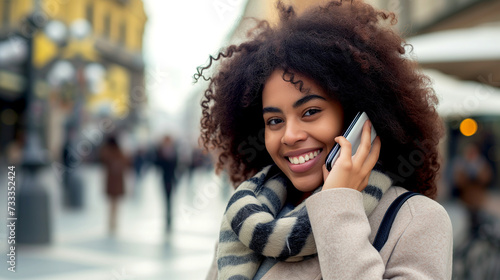 African American young woman talking on cell phone.