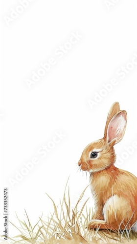 Watercolor Illustration of a Rabbit in a Sparse Grassy Field. © Oksana Smyshliaeva