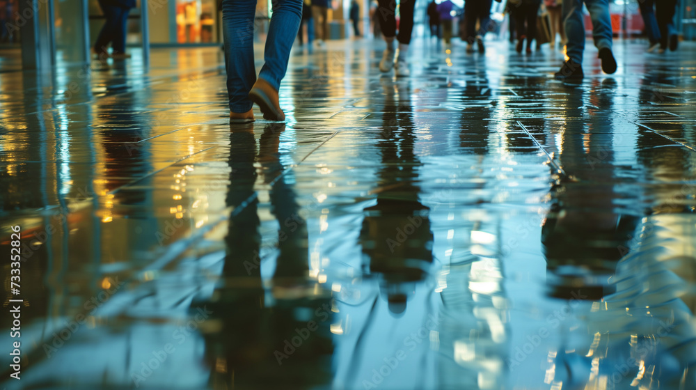 Pedestrians walking on glossy wet floor in public space - Reflections and lights on a rainy evening in urban indoor setting