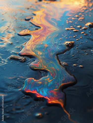 Close-up of oil slick on water, showcasing mesmerizing iridescent colors with dark, blurred background to enhance contrast.