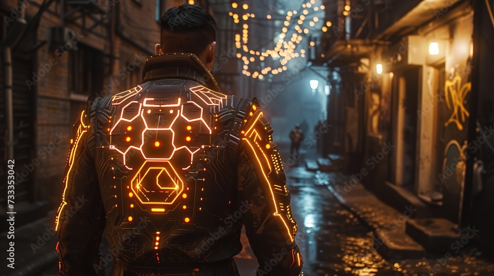 Cyberpunk character in dim alley, body adorned with glowing cybernetic tattoos in intricate patterns.