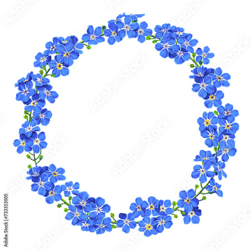 Floral botanical frame is composed of realistic blue forget-me-nots. Detailed hand-painted plants for your product design, textiles, clothing prints, postcards, social media ads, cosmetic wrappers