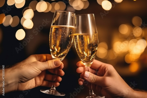 Festive champagne toast, hands holding glasses against a bokeh light background