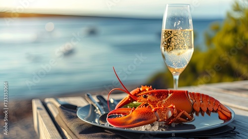 Delicious dinner with lobster and champagne on sea resort sunset wallpaper background