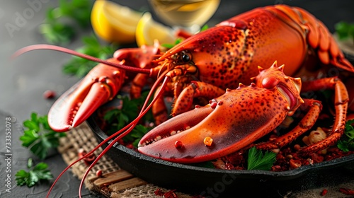 Lobster dish with lemon in restaurant seafood wallpaper background