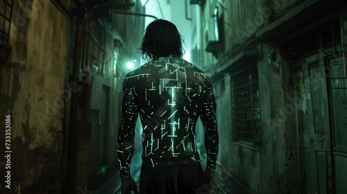 Glowing tattoos on cyberpunk individual, standing in a dim alley, showcasing futuristic body art.