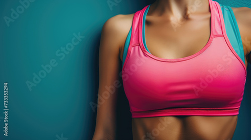 Close-up of a fit female torso in a pink sports bra against a teal background.