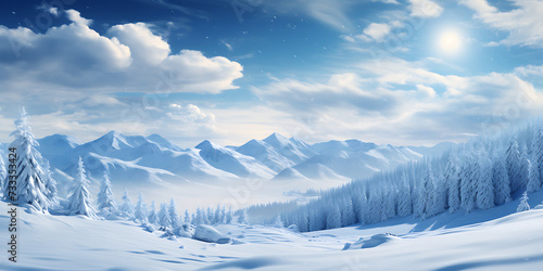 Winter landscape with snowy fir trees and blue sky with clouds. 3d rendering