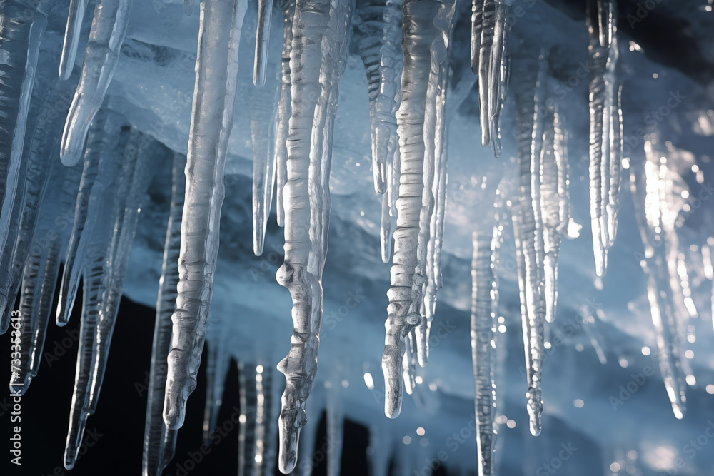 Icicles hanging. Close-up ice crystals forming on the surface of icicles. Generative AI
