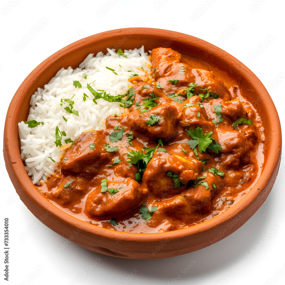Chicken tikka masala spicy curry meat food with rice isolated on white background Chicken tikka masala spicy curry meat food with rice isolated on white background
