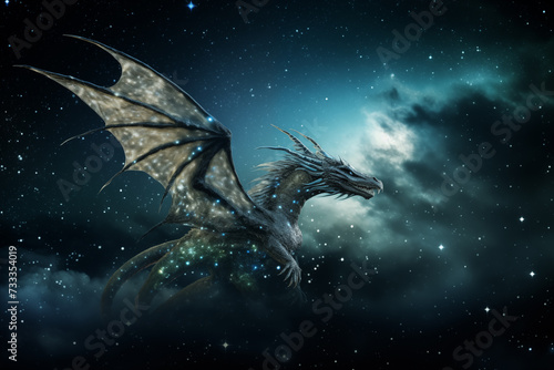 Dragon soaring through a starry night sky, symbolizing power and mystery. Generative AI © Nomad_Soul