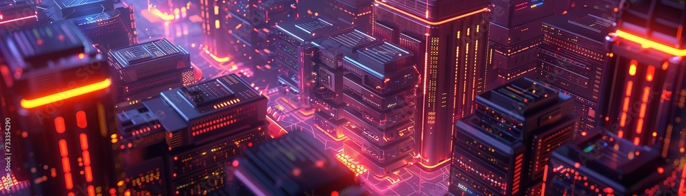 Futuristic data center from above, servers illuminated, interlinked by a luminous digital grid network. Futuristic data center from above, servers illuminated, interlinked by a luminous digital grid network.