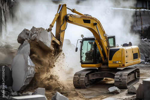 Excavator breaking rock and concrete on construction site. Generative AI © Nomad_Soul