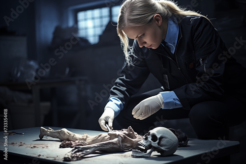 Forensic scientist examining a skeleton as part of a criminal investigation, searching for clues. Generative AI