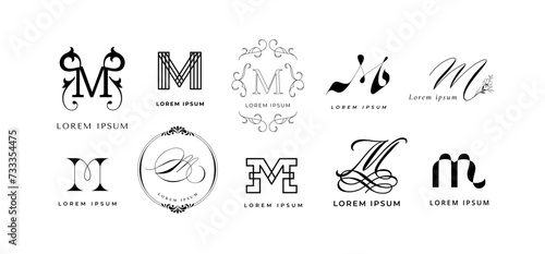 Creative M emblem. Letter m monogram for minimalist and modern branding. Typography template vector icon set