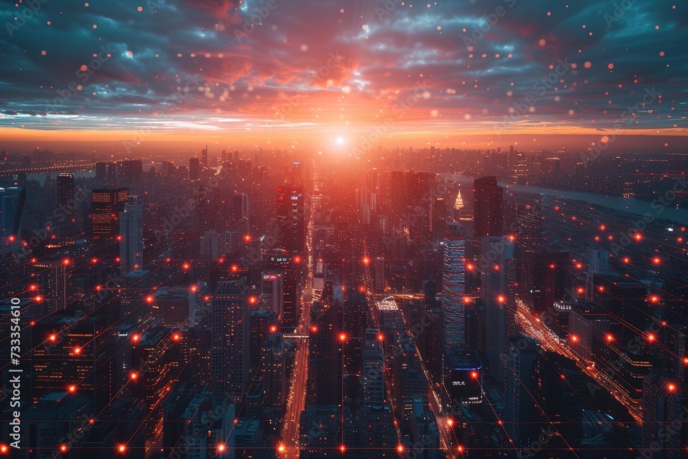 Fototapeta premium Sunset over a smart city, an aerial perspective on how interconnected grids and IoT blend into urban tapestry.