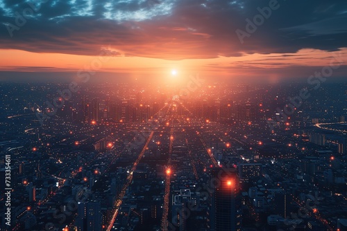 An aerial view of smart city  with interconnected grids and IoT devices seamlessly integrated into urban fabric  at sunset.