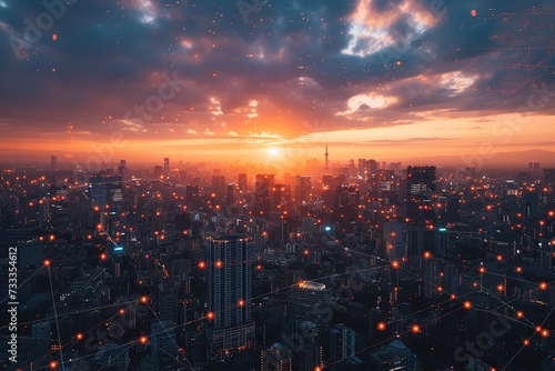 View from the skies: A smart city's sunset, its urban fabric woven with interconnected grids and IoT devices.