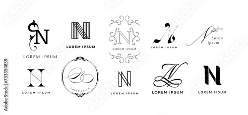 Creative N emblem. Letter n monogram branding template. Geometric and lettering typography vector icon set