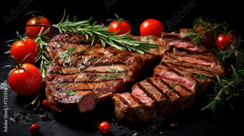 Grilled Delicious beef steak with fresh herbs and tomatoes on a wooden table