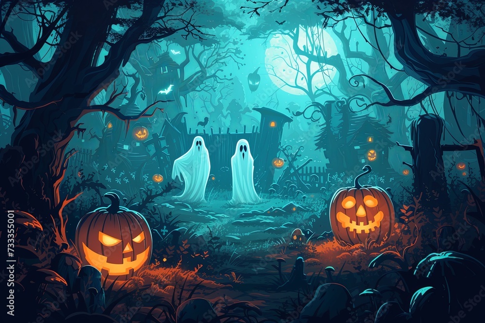 Halloween scene pumpkin and ghosts carved in a forest, in the style of atmospheric landscape paintings, 2d game art, dark cyan, haunting houses, rtx on, poster. Halloween scene pumpkin and ghosts carved in a forest, in the style of atmospheric landscape paintings, 2d game art, dark cyan, haunting houses, rtx on, poster.