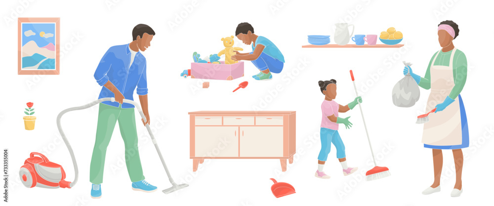 Happy parents with children cleaning rooms. Family working together 