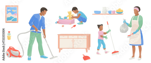 Happy parents with children cleaning rooms. Family working together 