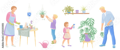 smiling parents with children care for house plants Family working together 