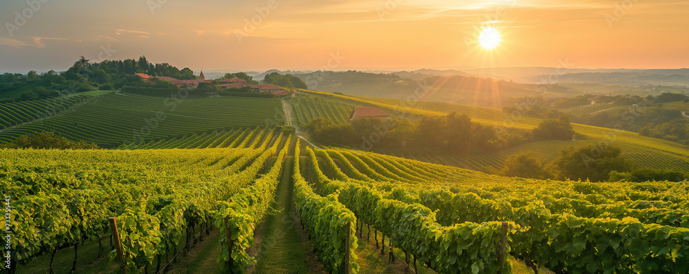 A serene rural landscape bathed in golden sunrise with lush green vineyards in the foreground and farm buildings in the distance