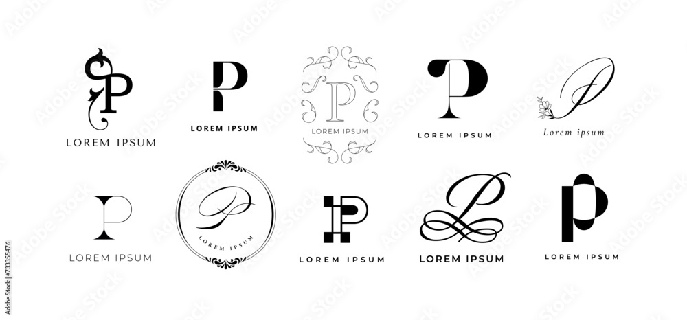Creative P emblem. Premium letter p monogram branding template. Business name initial vector icon set