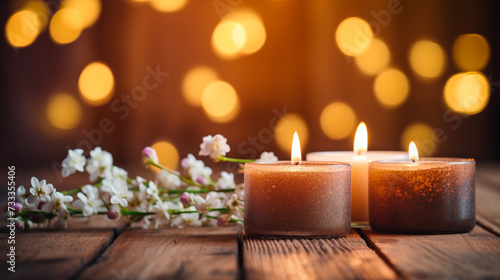 Candles on Wooden Background  Scented Candle.