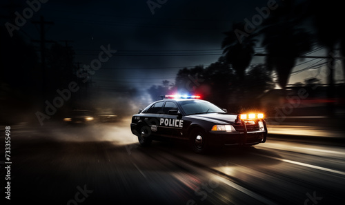 Police car in pursuit with motion blur, capturing the intensity of the chase. Generative AI © Nomad_Soul
